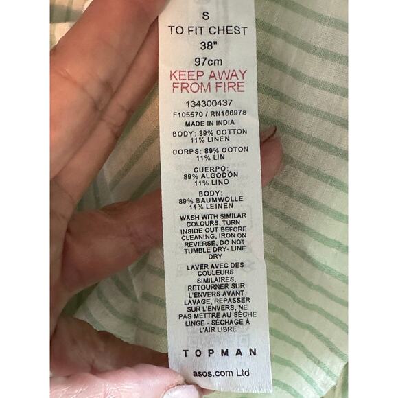 Topman cream green stripes short sleeves casual shirt size Small - Picture 4 of 10